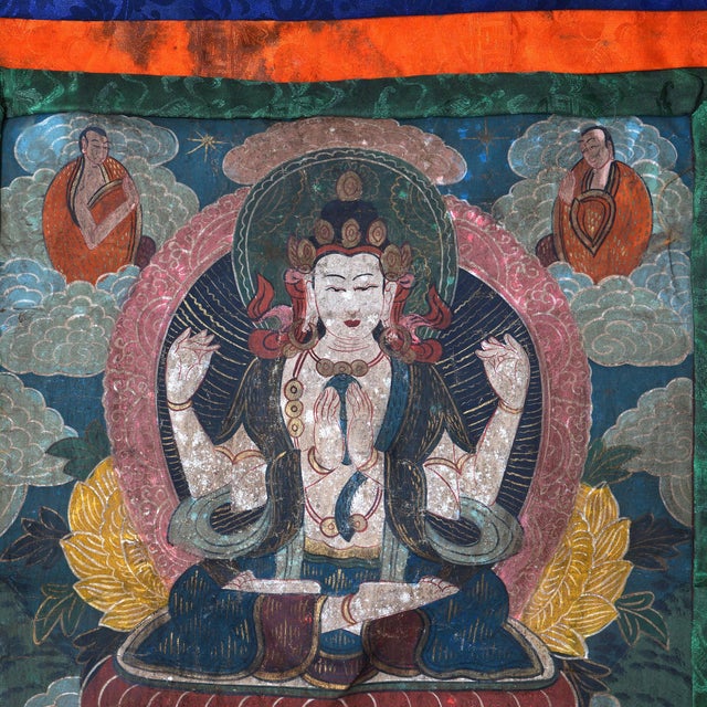 Antique Tibetan Hand Painted Silk and Canvas Thangka with Figures, Circa 1920 For Sale - Image 4 of 11