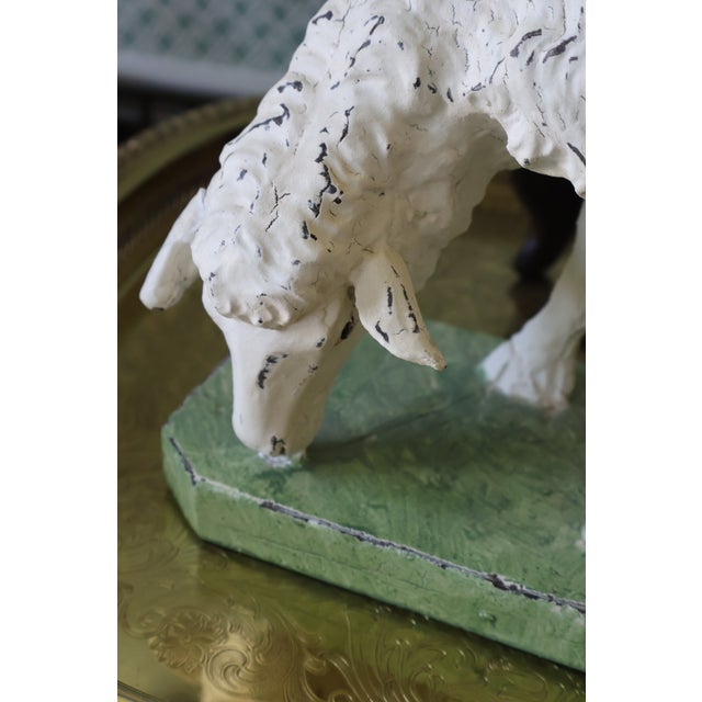 French Country Vintage Hand-Painted English Country Grazing Sheep Sculpture on Green Plinth For Sale - Image 3 of 18