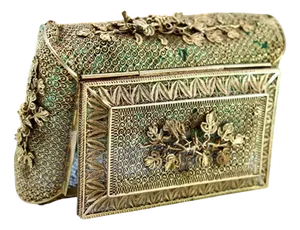 Gold Filigree Silver Box with Floral Applications and Hinged Lid