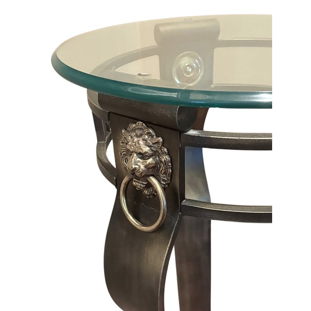 Neoclassical Stainless Steel & Brass Lion Head Pedestal Plant Stand With Glass Top For Sale - Image 4 of 5