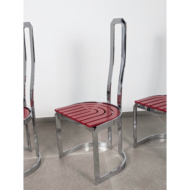Postmodern Chairs in Chrome Steel and Red Wood, 1980s, Set of 4 For Sale - Image 6 of 12