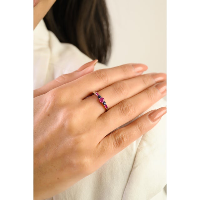 14k White Gold Ruby & Sapphire Five Stone Stackable Band Ring Size 5.5 For Sale - Image 4 of 14