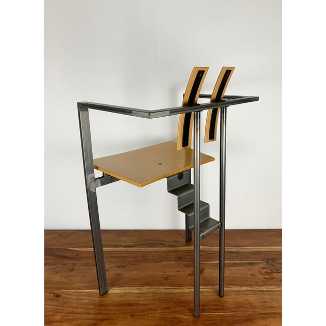 The chair is made of steel and plywood, high quality materials and craftsmanship. The welding traces on the steel material...