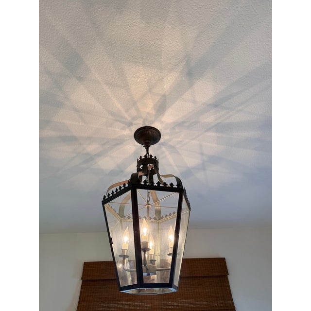 Traditional Vintage-Inspired Black Iron Lantern Chandelier For Sale - Image 3 of 7