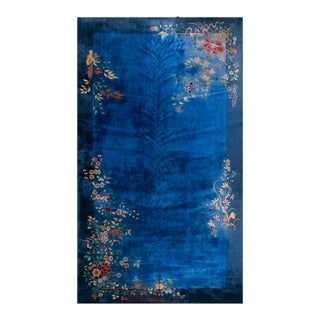 1930s Royal Blue Solid Floral Modernist Antique Chinese Art Deco Gallery Rug For Sale