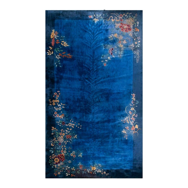 1930s Royal Blue Solid Floral Modernist Antique Chinese Art Deco Gallery Rug For Sale