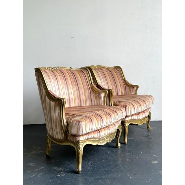 Vintage French Giltwood Striped Devore Bergère Chairs - A Pair For Sale - Image 11 of 18