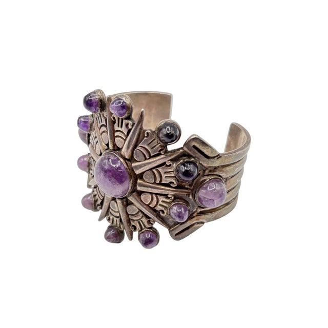 Gemstone 1940's Taxco William Spratling Silver With Amethyst Sun Motif Cuff Bracelet For Sale - Image 7 of 14