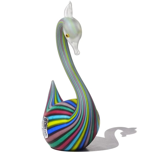 Mid 20th Century Murano Fratelli Toso Vintage Rainbow Colors Filigrana Ribbons Italian Art Glass Satin Surface Swan Figurine For Sale - Image 5 of 9