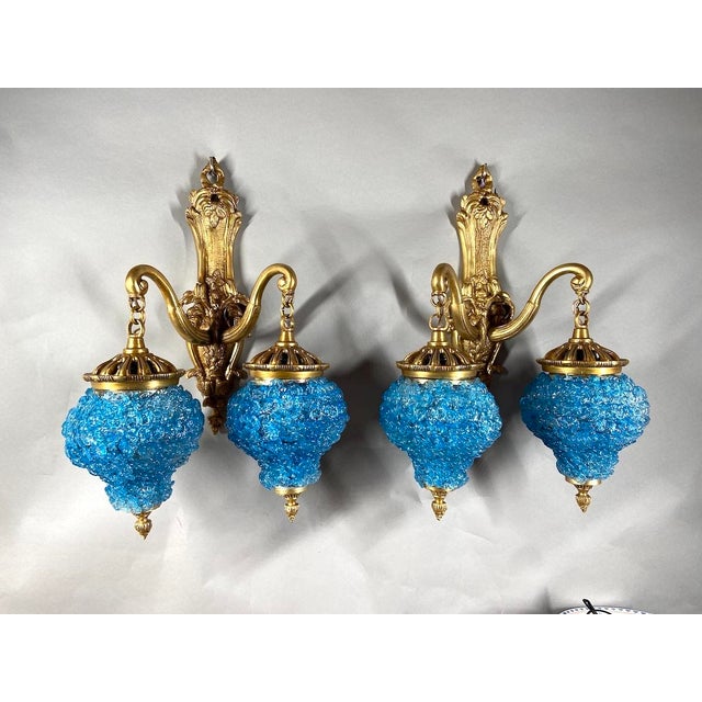 1980s 1980 French Louis XVI Bronze Blue Crystal Wall Lamps Sconces - Pair of 2 Pc For Sale - Image 5 of 11