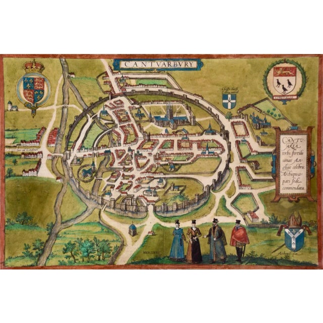 Canterbury; A 16th Century Framed Hand-Colored Map by Braun & Hogenberg, 1588 For Sale - Image 4 of 10