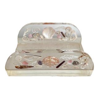 Vintage Thick Lucite Shell Encrusted Guest Napkin Holder For Sale