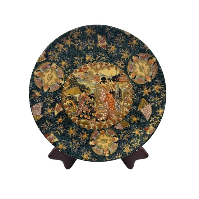 Vintage Japanese Royal Satsuma Hand-Painted Earthenware Decorative Charger For Sale - Image 4 of 12