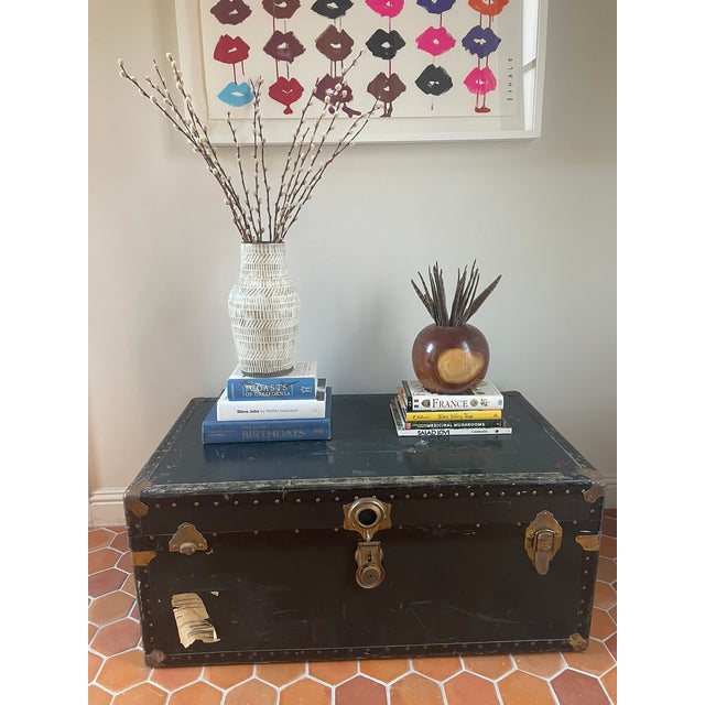 Wood Antique Black Cabin-Size Steamer Trunk With Brass Hardware For Sale - Image 7 of 8