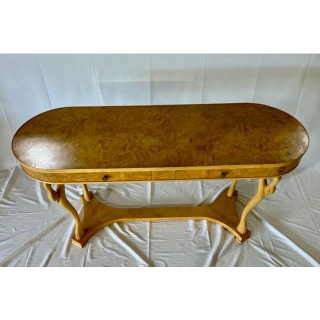 1980s Italian Hollywood Regency Oyster Burl Kidney Console Table With Carved Swans For Sale - Image 11 of 12