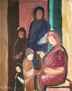 Aharon Giladi, Family, Mother, Children, Modernist Israeli Oil Painting Aharon Giladi