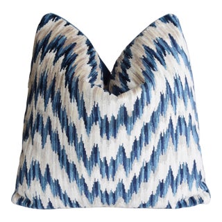 Designer Blue Flamestitch Velvet Feather/Down Pillow 21" Square For Sale