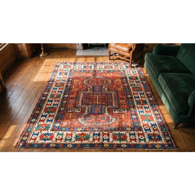 Textile 1890s Red Medallion Antique Caucasian Kazak Rug 4'6" X 5'9" Handknotted Wool Carpet For Sale - Image 7 of 8
