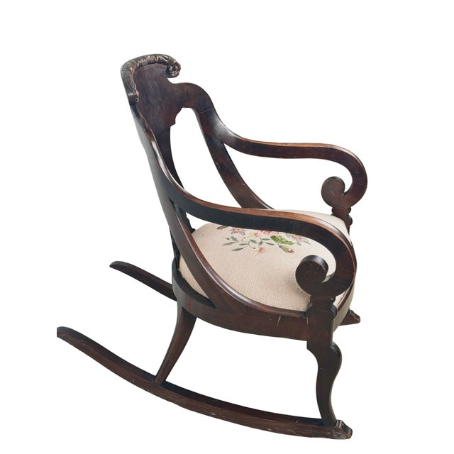 Duncan Phyfe Antique American Carved Wood Rocking Chair With Needlepoint Seat For Sale - Image 4 of 18