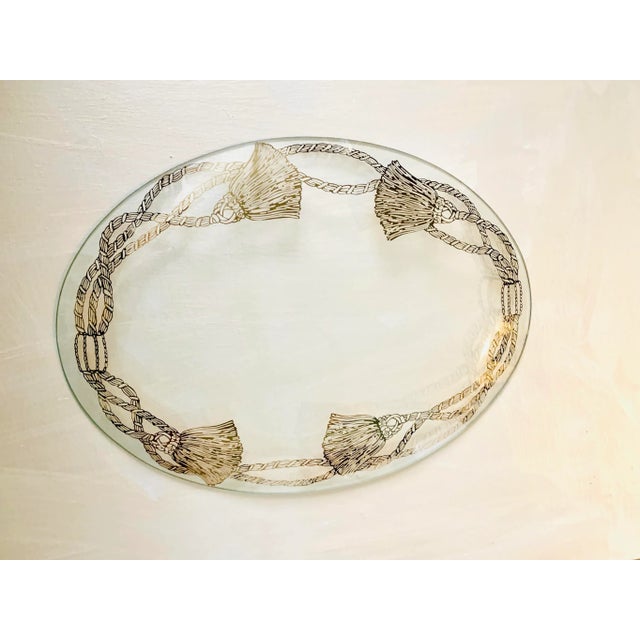 Vintage Oval Transparent Glass Tray With Four Gilt Tassel Decoration For Sale In San Diego - Image 6 of 6