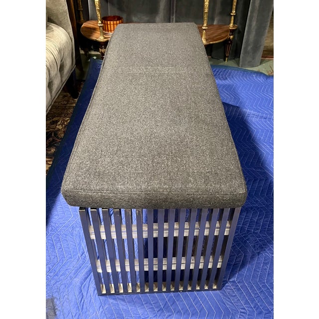 Silver Architectural Stainless Steel Slat Bench With Custom Wool Cushion For Sale - Image 8 of 10