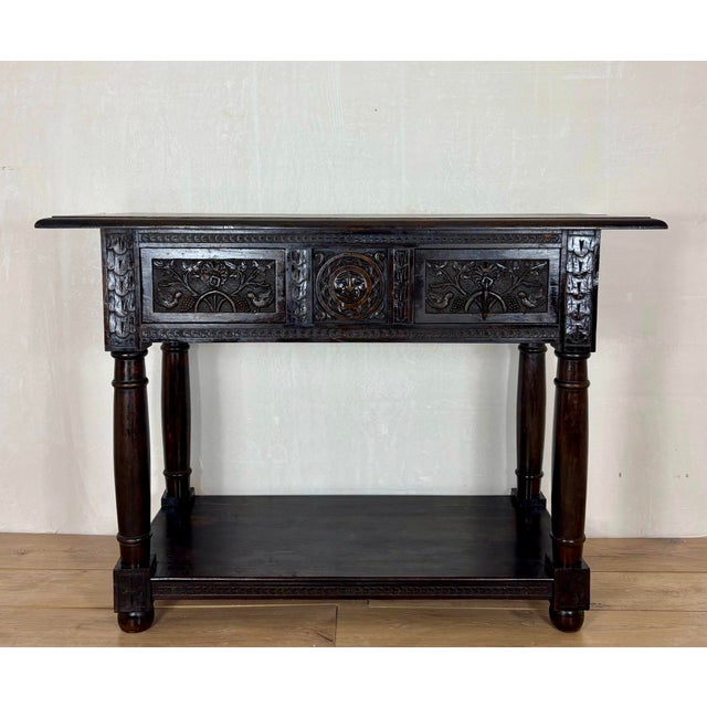 Spanish Carved Oak Console Table with Drawers, 1880 For Sale - Image 6 of 11