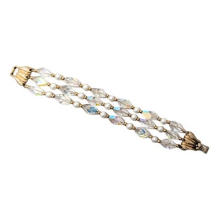 Vintage 1960s Signed Napier 3-Strand Faux-Pearl & Aurora Borealis Beaded Bracelet For Sale