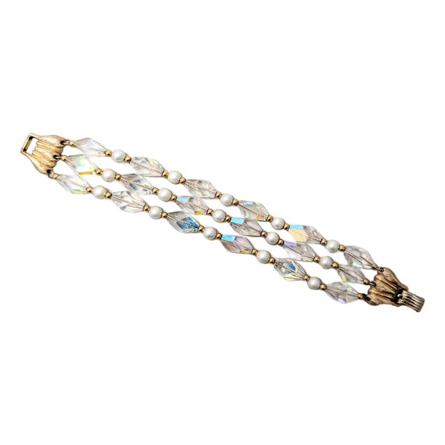 Vintage 1960s Signed Napier 3-Strand Faux-Pearl & Aurora Borealis Beaded Bracelet For Sale