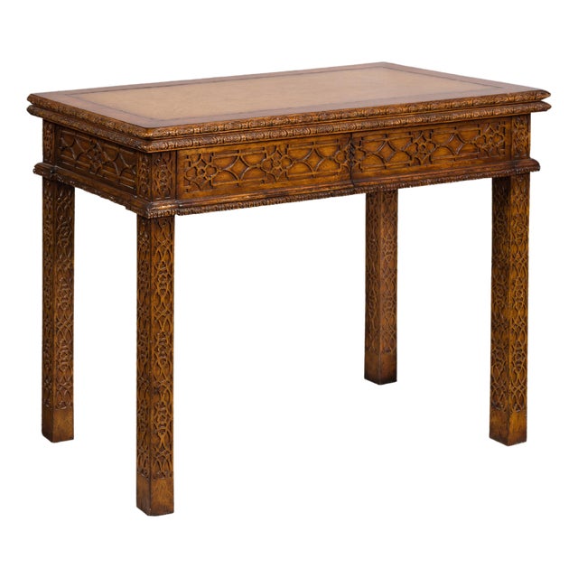 Mid 20th Century English Midcentury Game Table with Leather Top and Abundant Carved Décor For Sale