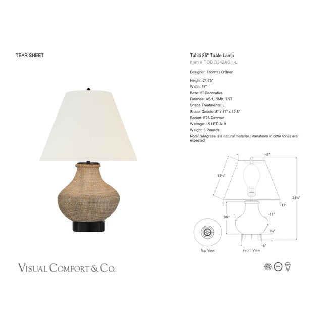 Thomas O'Brien by Visual Comfort Signature Tahiti 25" Table Lamp in Ash with Linen Shade Designer: Thomas O'Brien Height:...