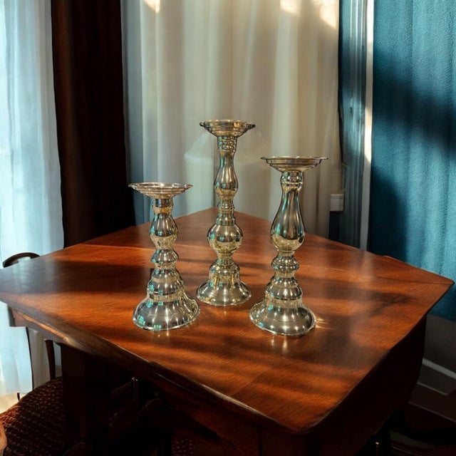 1980s Restored Brass Candlesticks Set of 3 For Sale - Image 6 of 12