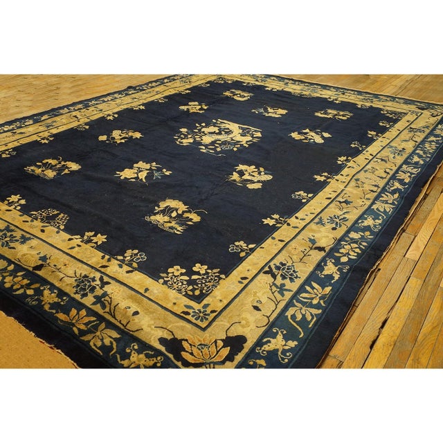 Textile 1920s Traditional Navy Blue Floral Antique Peking Knotted Room Size Wool Rug For Sale - Image 7 of 8
