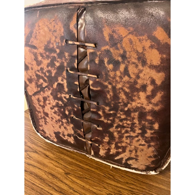Tooled Leather Ottoman Plain With Nailheads Antique Brown For Sale - Image 4 of 12
