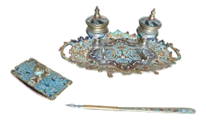 French Enameled Champlevé Gilt Bronze Inkwell Stand Desk Set - Set of 3