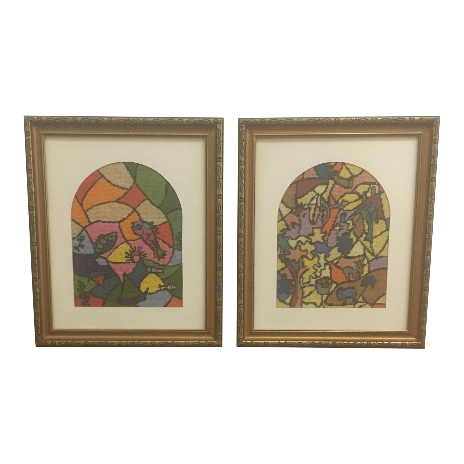 Needlepoint - Vintage Framed Needlepoint Textile Art - a Pair | Chairish