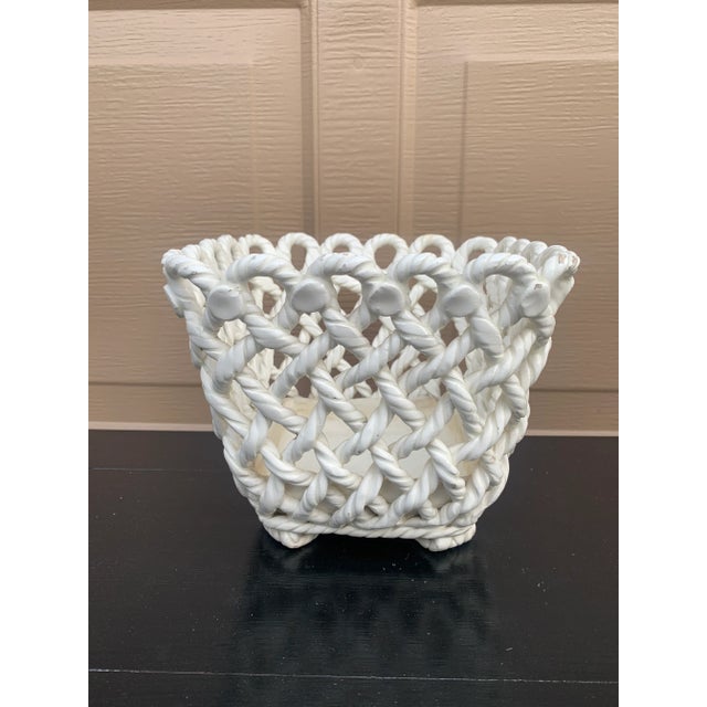 French Country 1980s French Country White Ceramic Woven Rope Cachepot Basket For Sale - Image 3 of 12