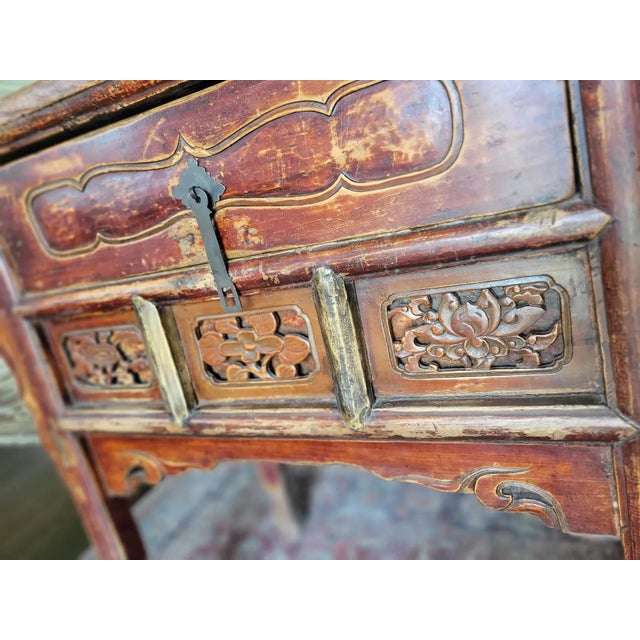 Wood Antique Chinese Red Lacquer Console Table With Hand-Carved Floral Panels, Iron Lock & Collector’s Wax Seal – Qing Dynasty, 19th Century For Sale - Image 7 of 14