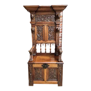 Antique French Carved Walnut Hall Bench Breton Brittany Pew Renaissance C1890