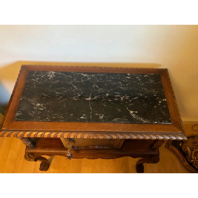 English Early 20th C. English Stone Marble Table Carved Tiger Oak For Sale - Image 3 of 9