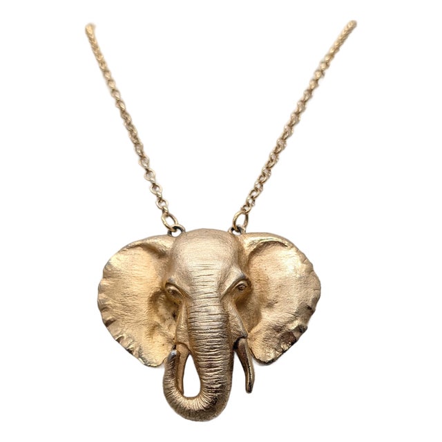 Vintage 1970s Signed Napier Goldtone Elephant Head Pendant Necklace For Sale
