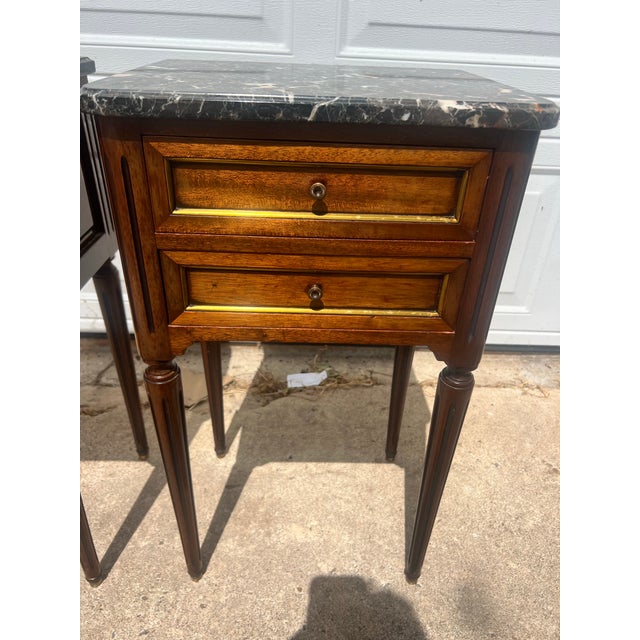 French French 19th Century Louis XVI Pair of Walnut Marble Top Night Stands For Sale - Image 3 of 11
