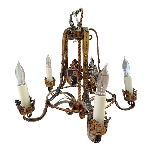 Vintage Spanish Revival Gothic Iron 6 Light Chandelier 6 For Sale