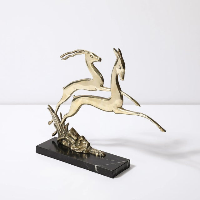Art Deco Leaping Gazelle Sculpture in Polished Brass on Black Marble Base For Sale - Image 10 of 12