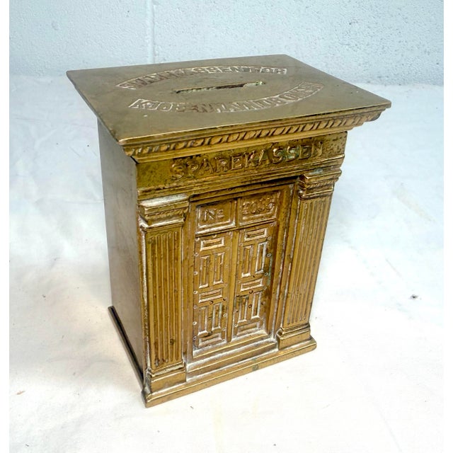 Rare Antique Sparekassen Denmark Brass Savings Building Still Coin Bank W/ Key For Sale - Image 4 of 12