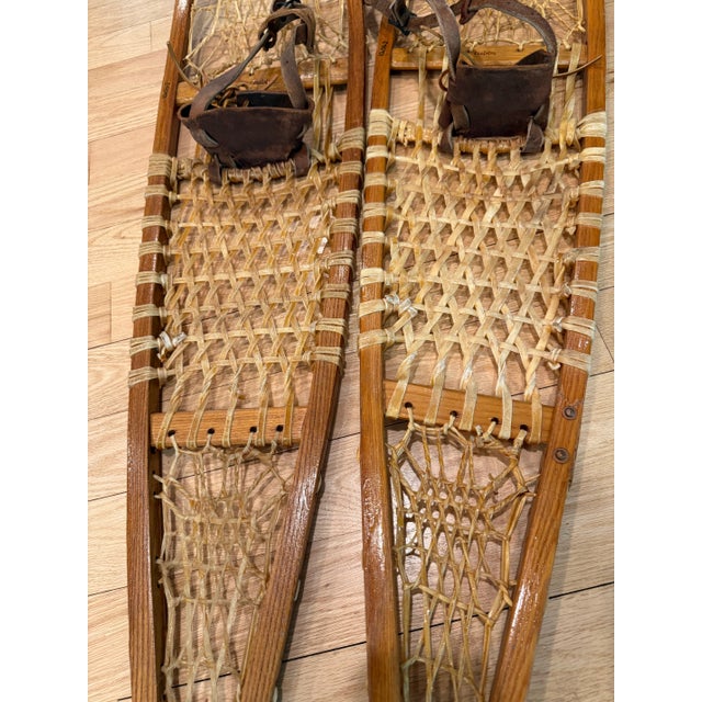 1950s Tall Leather Rawhide Snowshoes Tubbs Vermont Ash Wood Decorative Display-a Pair For Sale - Image 5 of 12