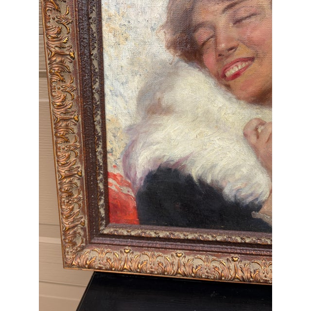 Early 20th Century Adolfo Belimbau Portrait of a Woman in a White Fox Stole, Antique Italian Oil on Canvas For Sale - Image 9 of 10