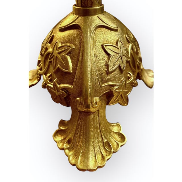 Metal Pr. Antique French Art Nouveau Gilt Brass Alter Candlesticks For Sale - Image 7 of 17