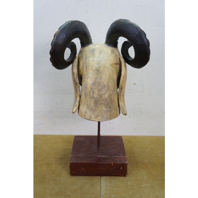 Wood Vintage Indo Persian Carved Wood Ram Head Bust Sculpture on Stand 18" For Sale - Image 7 of 16