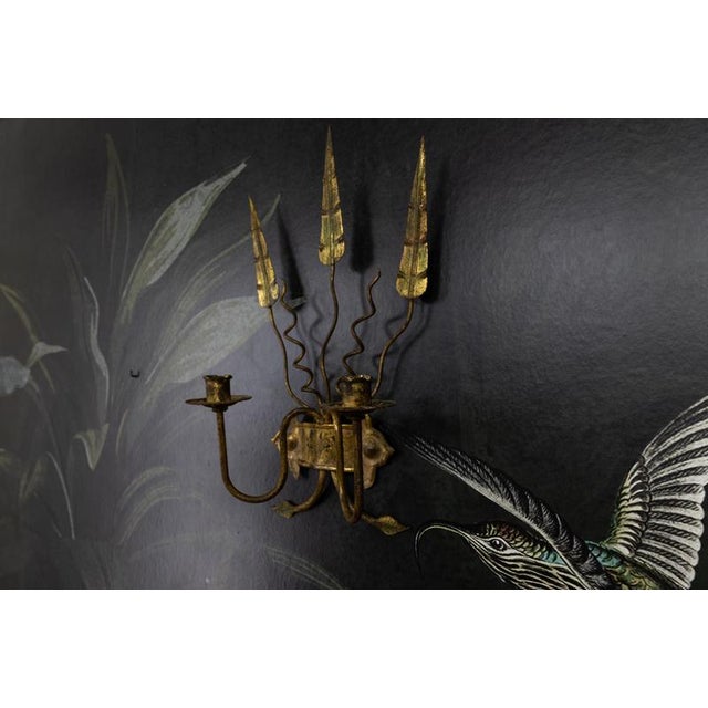 Spanish Gilt Iron Medieval Revival Style Two-Arm Candle Wall Sconce, ca. 1950s For Sale - Image 10 of 18