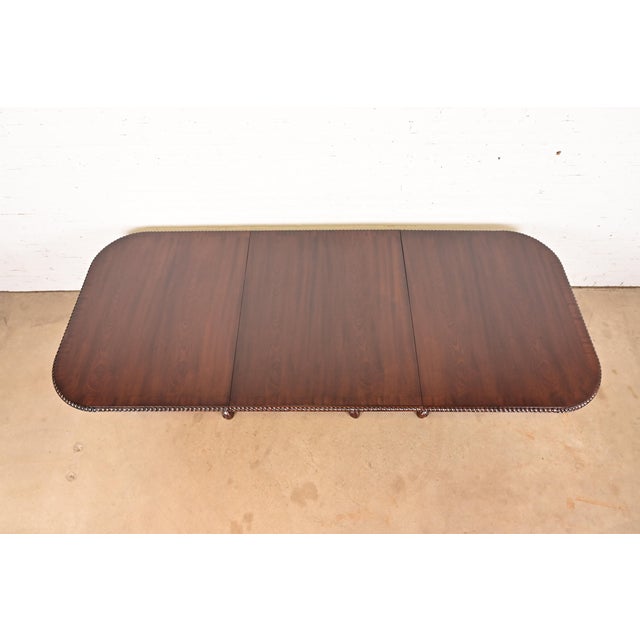 1980s Baker Furniture Style Chippendale Carved Mahogany Triple Pedestal Extension Dining Table, Newly Refinished For Sale - Image 5 of 12